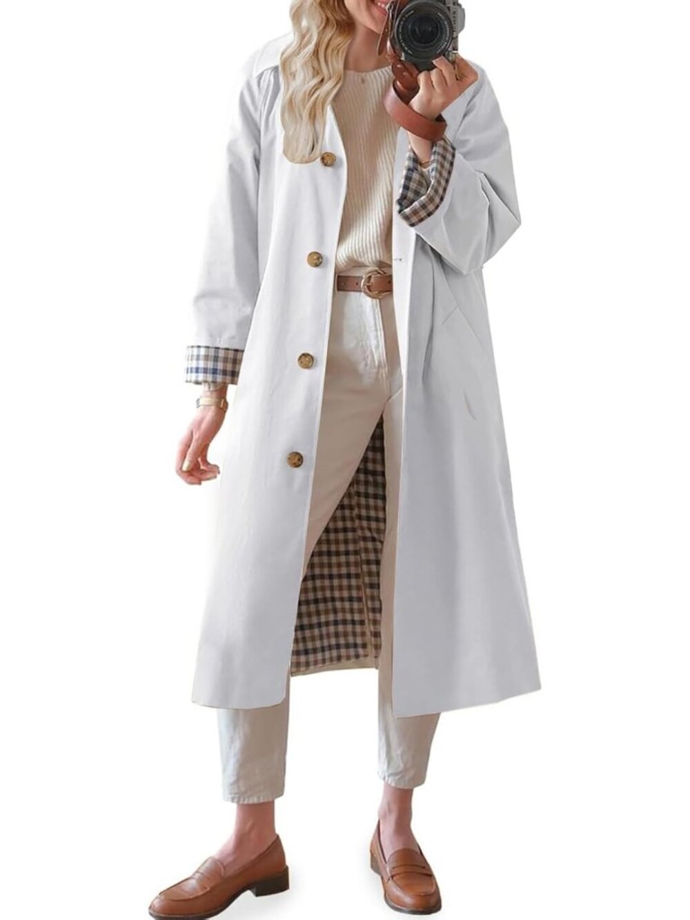 Women's Beige Trench Oversized Button Down Checkered Long Sleeve Single Coat